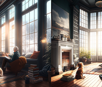 AI art of a woman sitting in a large home library with her dog, 2 versions