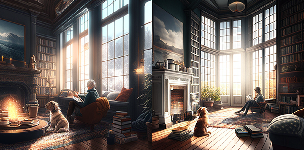 AI art of a woman sitting in a large home library with her dog, 2 versions
