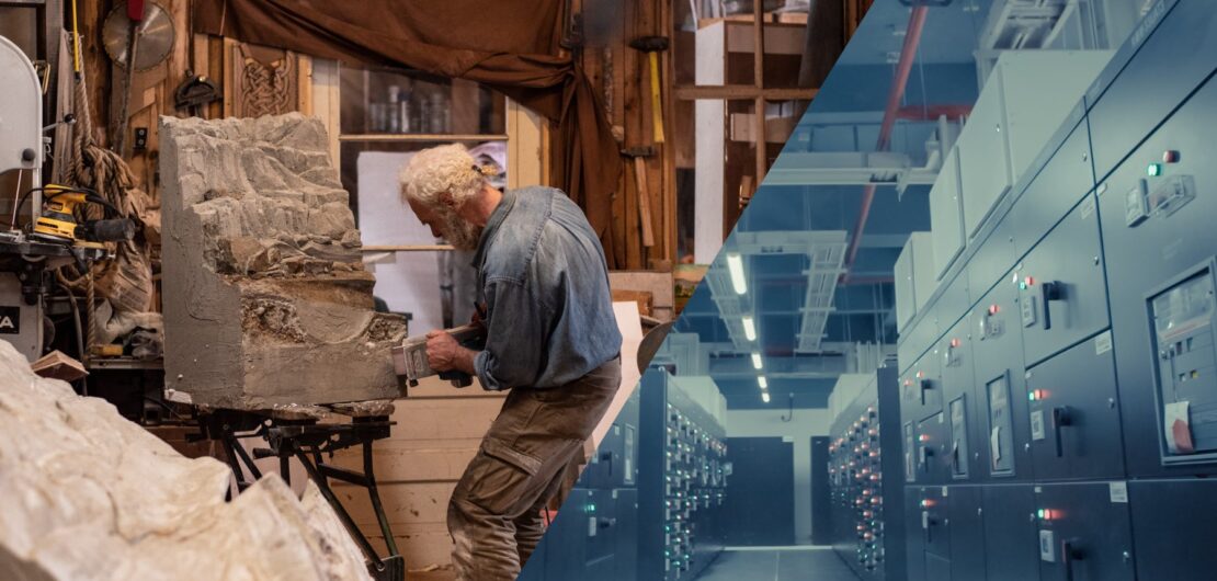 sculptor carving on the left, data centre on the right
