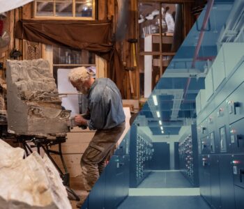 sculptor carving on the left, data centre on the right