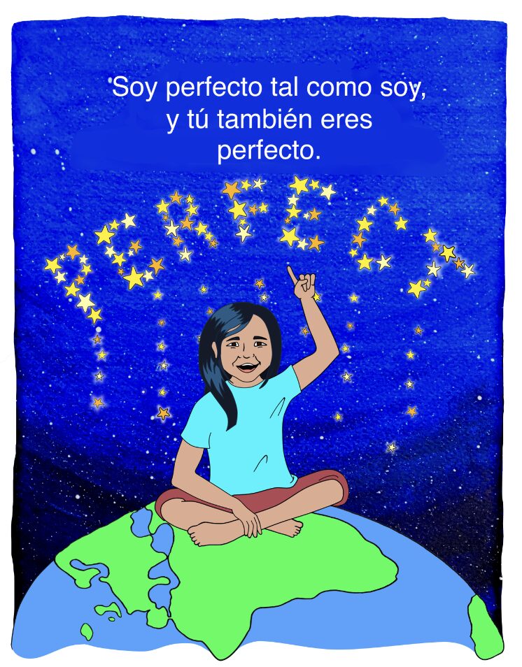 Ilustración de libro de una niña sentada en el planeta Tierra, hablando.