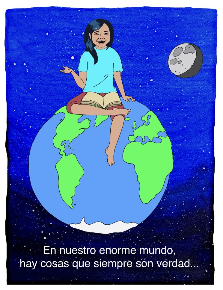 Ilustración de libro de una niña sentada en el planeta Tierra, hablando.