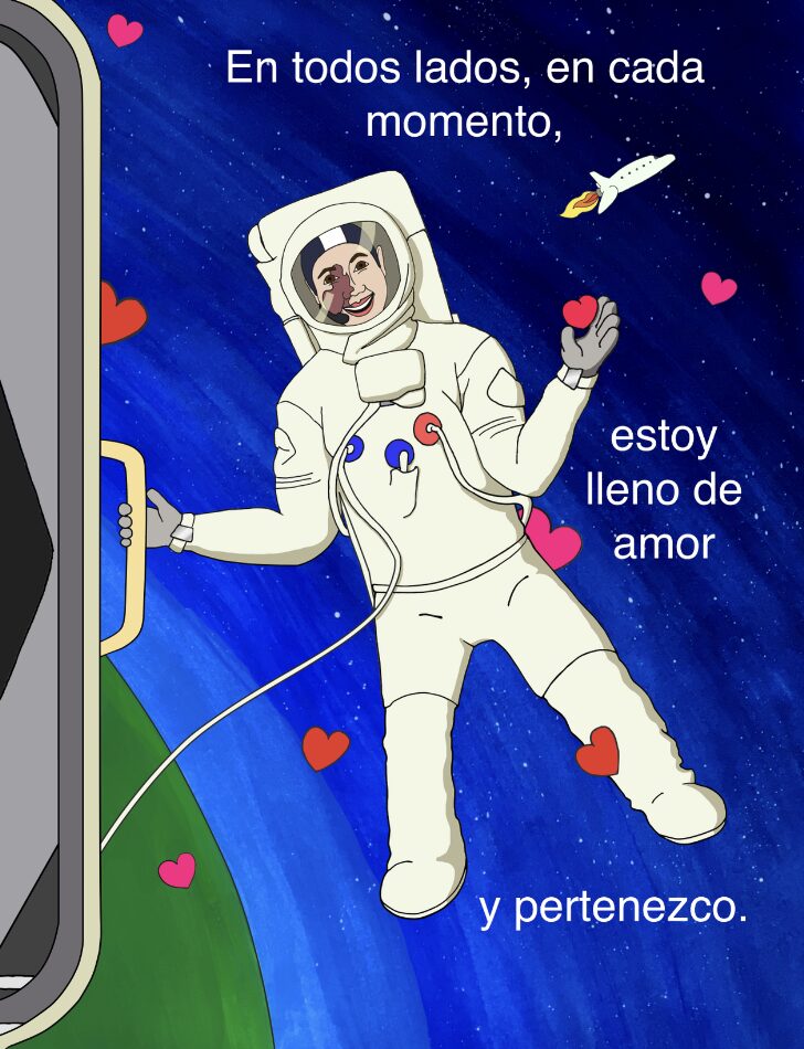 Ilustración de libro de un astronauta en el espacio rodeado de corazones.